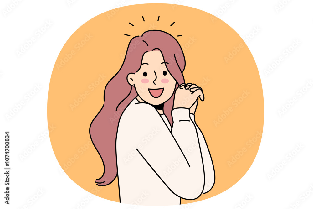 Laughing woman raises hands and looks at screen, enjoying meeting you or glad to receive good news. Laughing girl with long hair experiences delight and positive emotions after achieving goals Laughing woman raises hands and looks at screen, enjoying meeting you or glad to receive good news. Laughing girl with long hair experiences delight and positive emotions after achieving goals