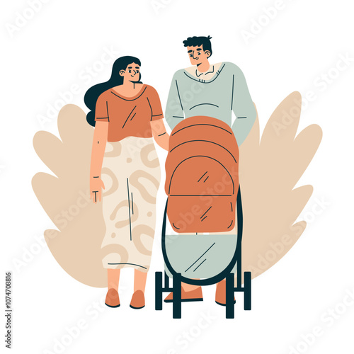 Young Man and Woman with Newborn Baby Child Walking with Carriage Vector Illustration