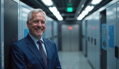 Mature businessman smiling confidently in modern office hallway