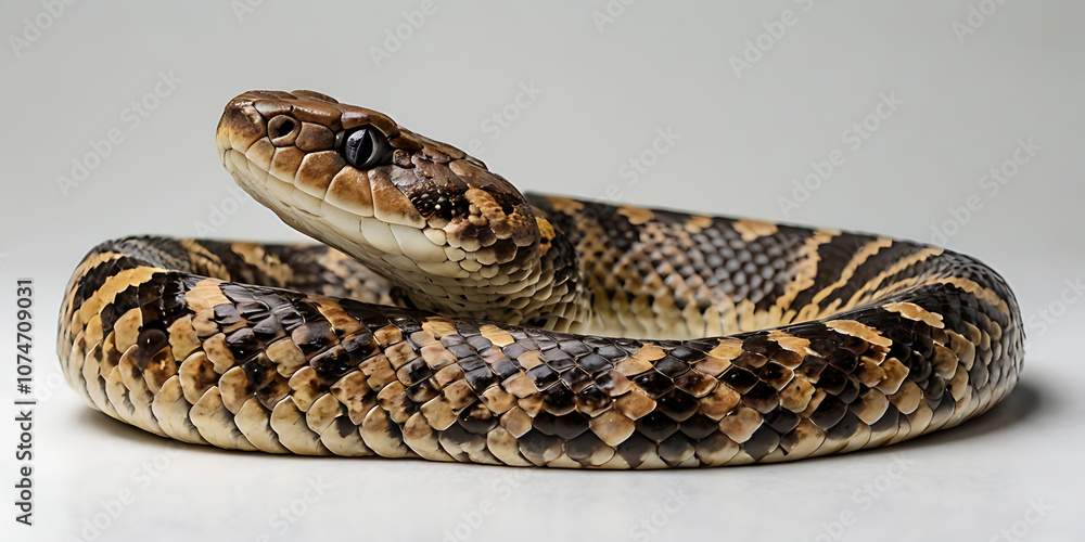 Fototapeta premium a coiled snake with various unique patterns and types, lying on a white background. Realistic view. created with generative AI