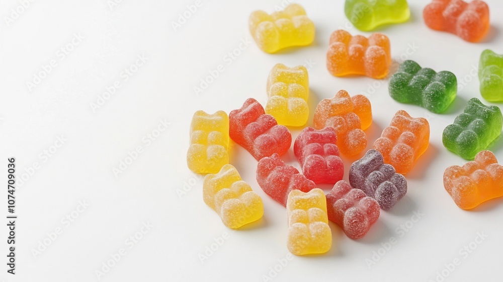 Creative and colorful arrangement of gummy bear candies forming a heart shape on a plain white background showcasing the vibrant playful design and appeal of the sweet treat Creative and colorful arrangement of gummy bear candies forming a heart shape on a plain white background showcasing the vibrant playful design and appeal of the sweet treat