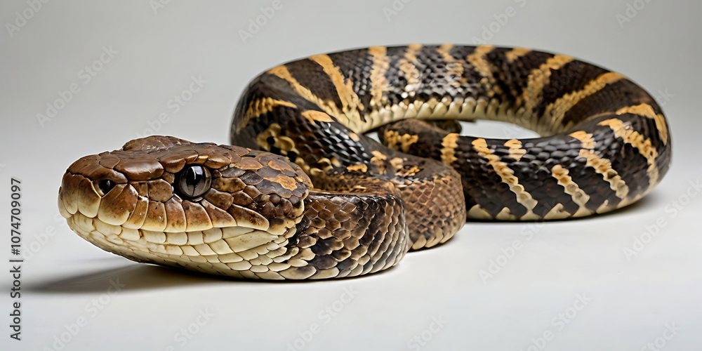 Obraz premium a coiled snake with various unique patterns and types, lying on a white background. Realistic view. created with generative AI