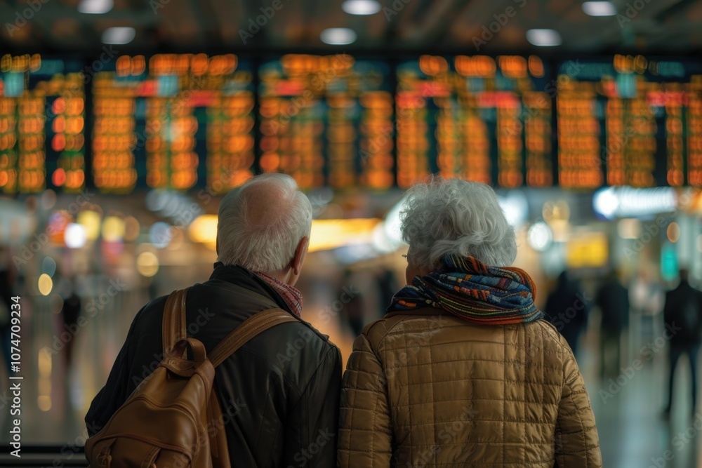 Elderly Couple at Airport with Flight Information Board Elderly Couple at Airport with Flight Information Board