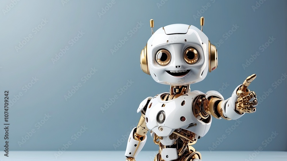 Positive cute robot pointing at a space. Copy space, ai Positive cute robot pointing at a space. Copy space, ai