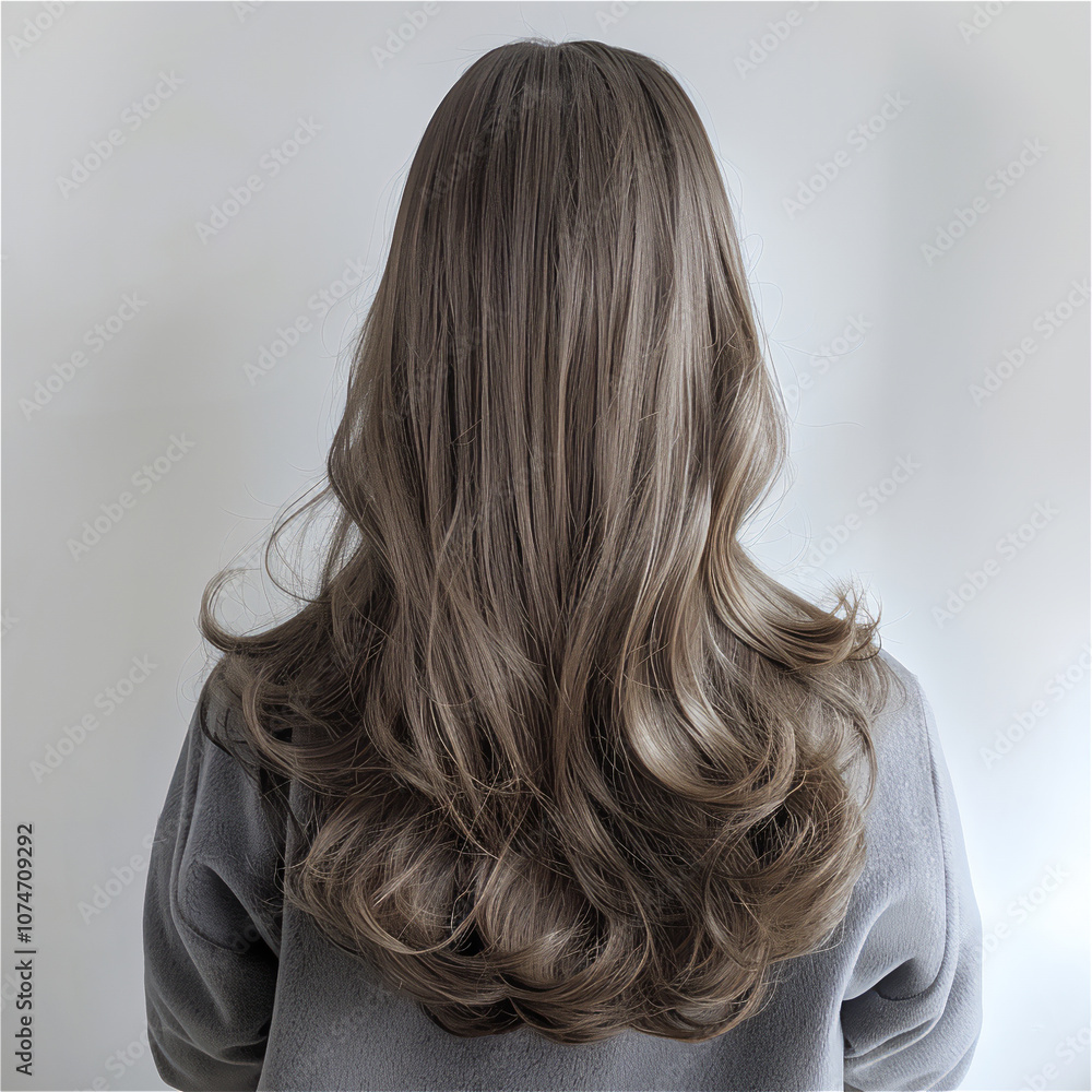 Naklejka premium female long ash brown hair with highlights, cascading down her back, long wavy hair salon photography