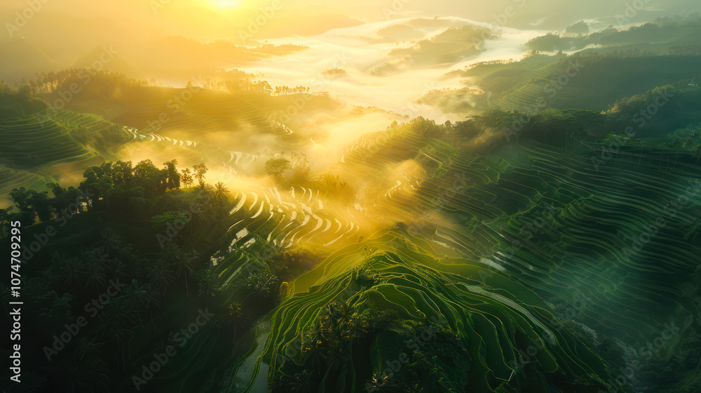 morning sun over the rice terraces in the far east morning sun over the rice terraces in the far east