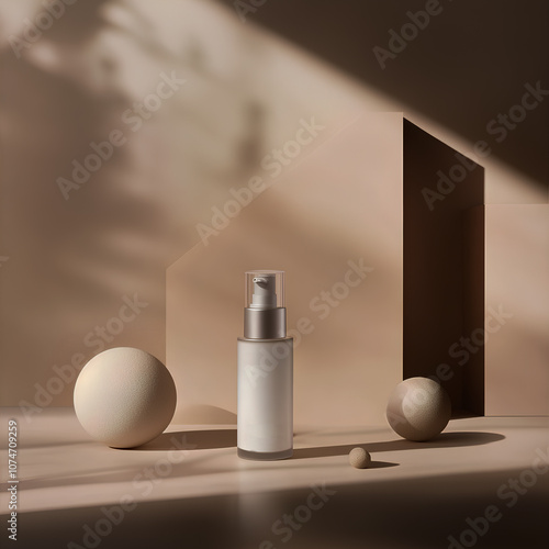 A close-up image capturing a beige cosmetic bottle surrounded by floating orbs on a neutral background. The soft lighting accentuates the sleek design, bringing a clean and modern feel  photo