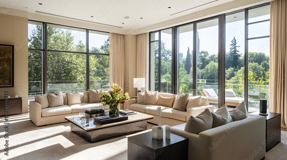 Fototapeta premium 82. A contemporary living room with large windows, neutral furniture, and space for a product on the coffee table
