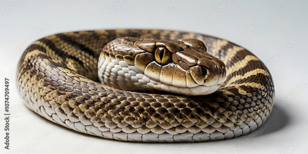 Fototapeta premium a coiled snake with various unique patterns and types, lying on a white background. Realistic view. created with generative AI