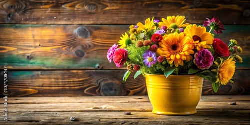 Wallpaper Mural Vibrant Yellow Flower Display with Charming Colorful Blooms in a Rustic Wooden Setting Perfect for Spring and Summer Decorations and Floral Inspiration Torontodigital.ca