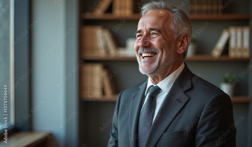 Naklejka premium Senior businessman with joyful expression laughing against bookshelf background