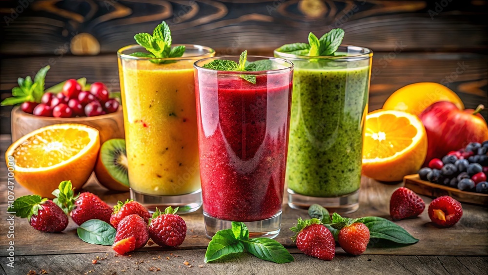 A Trio of Colorful Smoothies Surrounded by Fresh Fruits and Herbs on a Rustic Wooden Table A Trio of Colorful Smoothies Surrounded by Fresh Fruits and Herbs on a Rustic Wooden Table