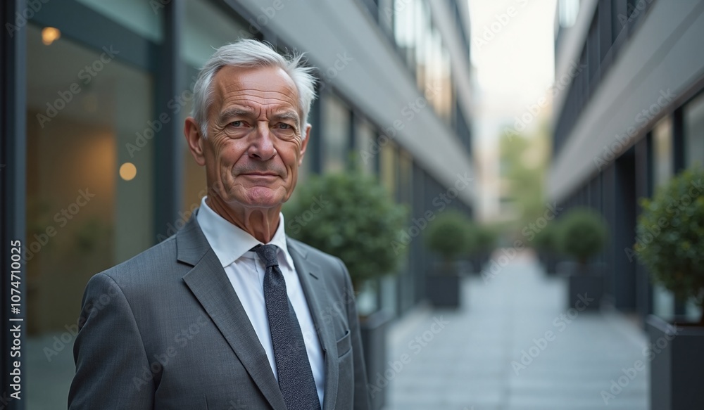 Senior businessman with confident expression standing in modern urban setting Senior businessman with confident expression standing in modern urban setting