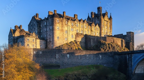 Historic castle on a rocky hill under blue sky. photo