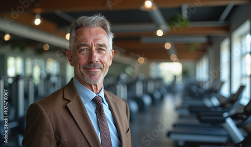 Confident Senior Executive Smiling in Modern Gym Against Blurred Fitness Equipment Background