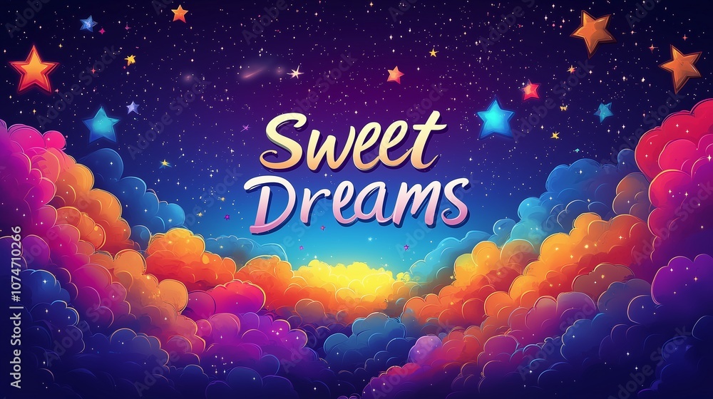Fototapeta premium Sweet dreams. Lettering. Colorful hand drawn illustration. Rainbow space background with text