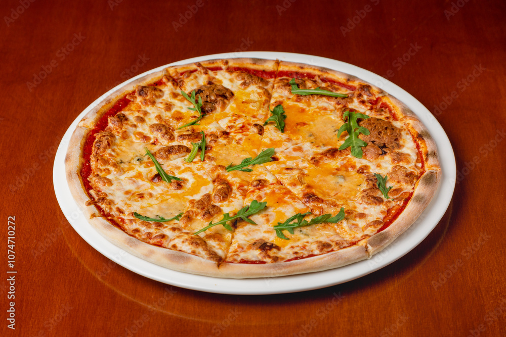 Italian pizza four cheeses on plate on wooden background Italian pizza four cheeses on plate on wooden background
