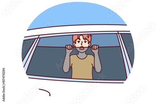 Little boy locked in car is trying to get out and beg for help being in danger due to recklessness of parents. Preteen boy was victim of kidnapping and needs police protection or child psychologist