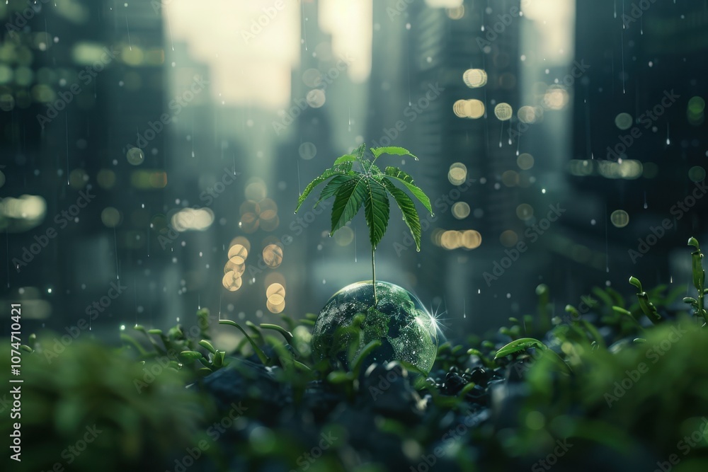 Green Plant in Urban Environment with Water Droplets Green Plant in Urban Environment with Water Droplets
