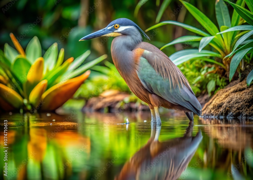 Captivating Portrait of a Boat-billed Heron (Cochlearius cochlearius) Standing Serene by the Water in the Lush Amazon Rainforest with Vibrant Greenery Surrounding Captivating Portrait of a Boat-billed Heron (Cochlearius cochlearius) Standing Serene by the Water in the Lush Amazon Rainforest with Vibrant Greenery Surrounding