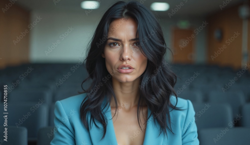 Fototapeta premium Woman with intense expression looking serious in turquoise blazer against auditorium background