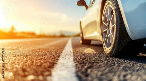 Close-up of a car tire on a sunlit road.