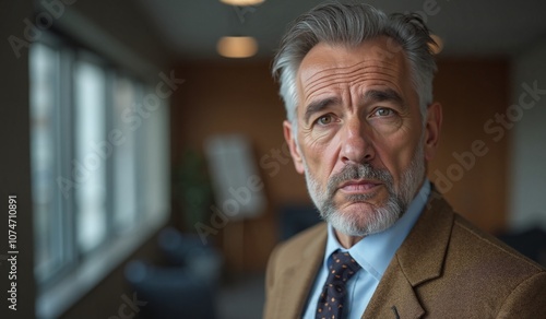 Mature businessman with concerned expression in office environment