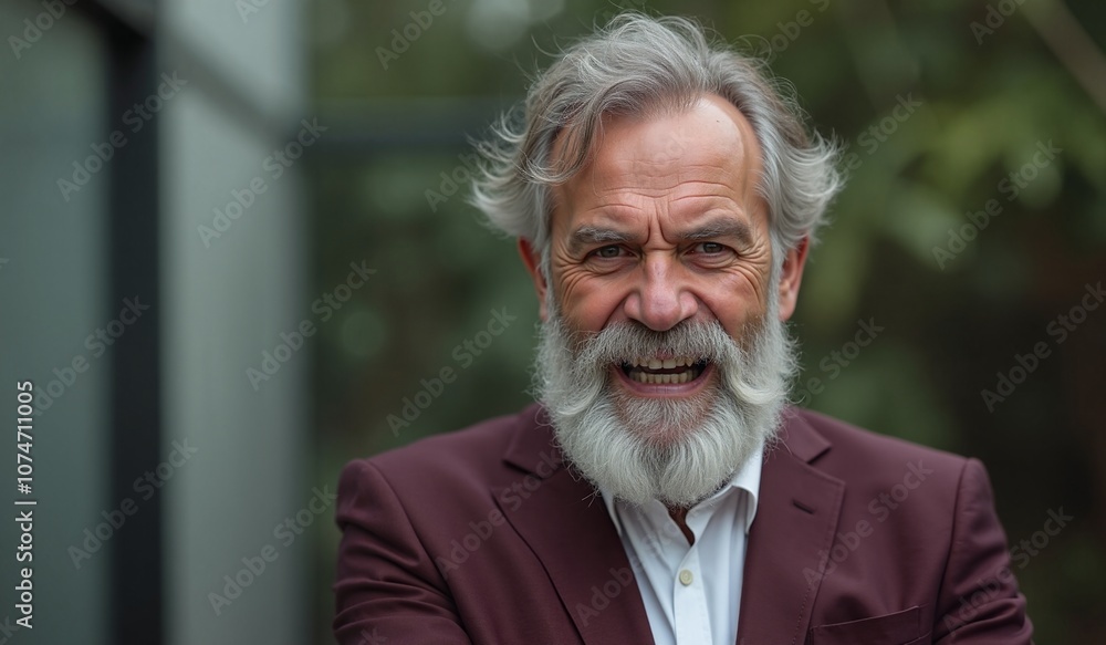 Senior man with joyful expression laughing against blurred background Senior man with joyful expression laughing against blurred background