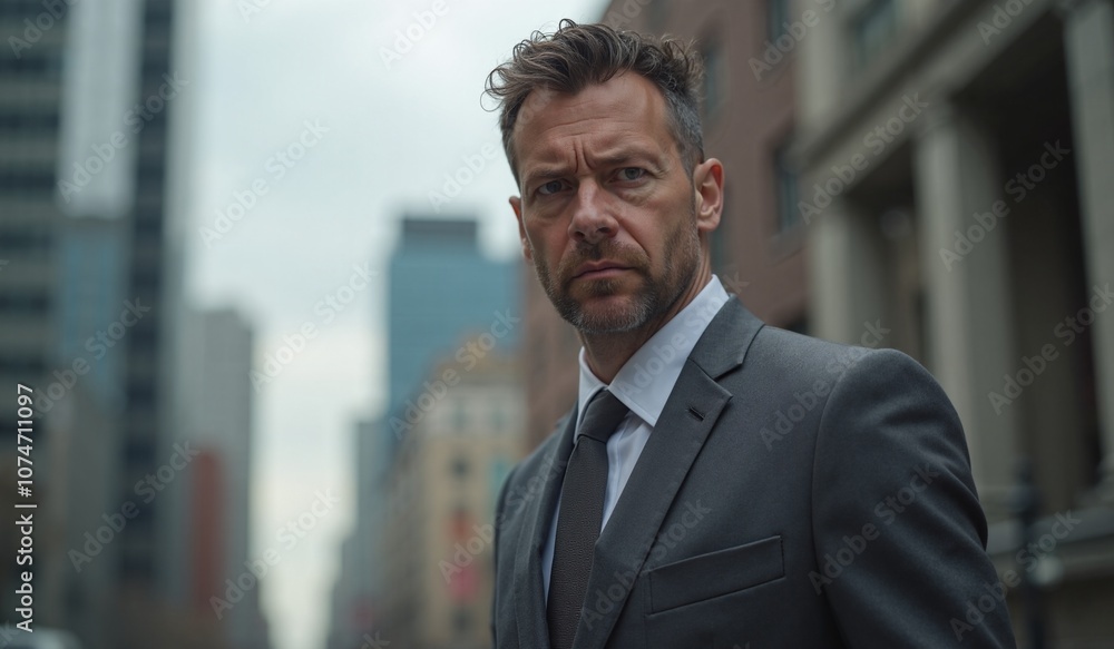 Fototapeta premium Serious businessman with determined expression standing against urban cityscape