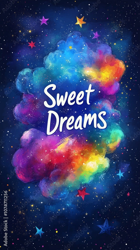 Naklejka premium Sweet dreams. Lettering. Colorful hand drawn illustration. Rainbow space background with text 