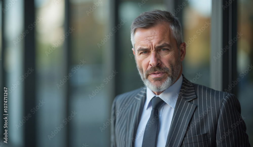 Confident mature businessman with serious expression contemplating against office windows Confident mature businessman with serious expression contemplating against office windows