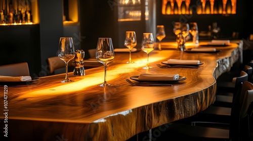 85. A polished wooden dining table with soft lighting from the side, leaving space for a product display