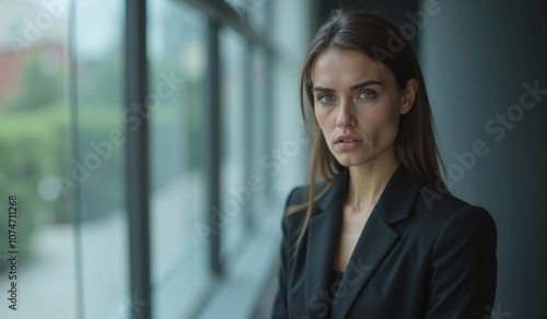 Determined businesswoman with intense gaze standing in modern office hallway