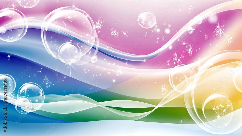 Abstract artwork with translucent bubbles and shimmering stars against a rainbow backdrop