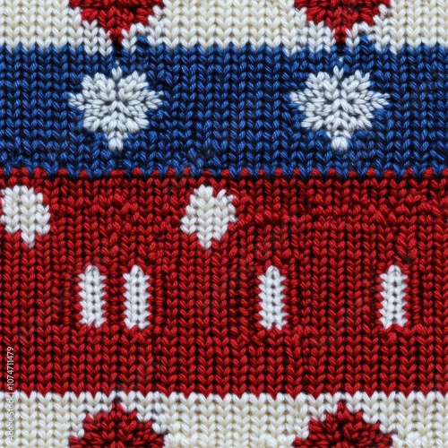 A vibrant knit pattern featuring red, white, and blue colors with decorative shapes, ideal for festive themes and cozy apparel. photo