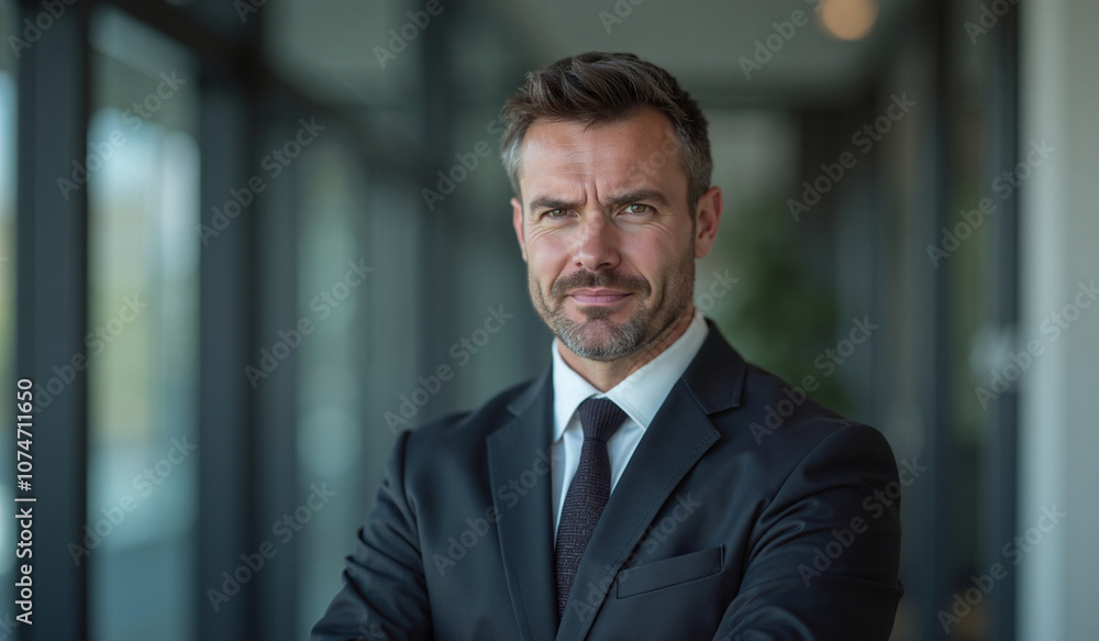 Confident businessman with serious expression standing in modern office hallway Confident businessman with serious expression standing in modern office hallway