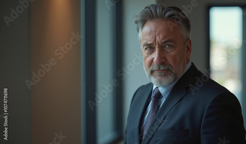 Mature businessman with serious expression contemplating against office window