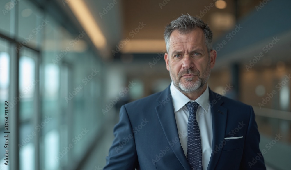 Serious businessman with intense expression standing in modern office hallway Serious businessman with intense expression standing in modern office hallway