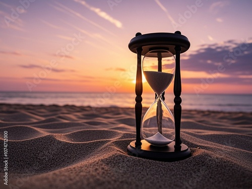 Obraz na płótnie Hourglass on the beach in the sunset time. The concept about countdown to Summer, Travel, Vacation and Relaxation. w salonie