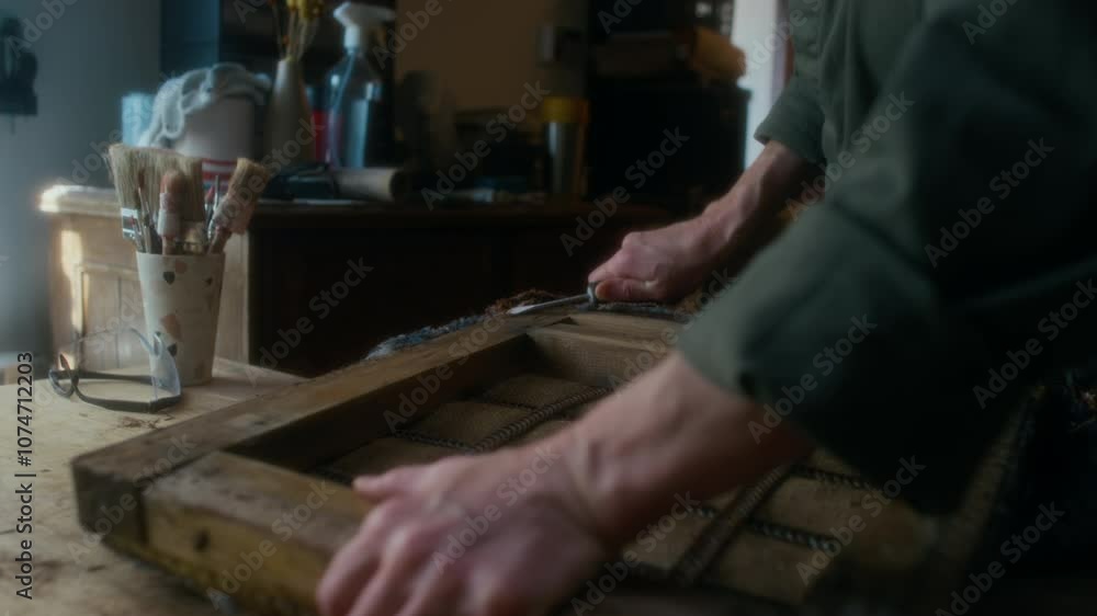 Side tilt shot of middle-aged craftswoman in overall working in furniture restoration workshop, changing upholstery on old vintage chair using screwdriver Side tilt shot of middle-aged craftswoman in overall working in furniture restoration workshop, changing upholstery on old vintage chair using screwdriver