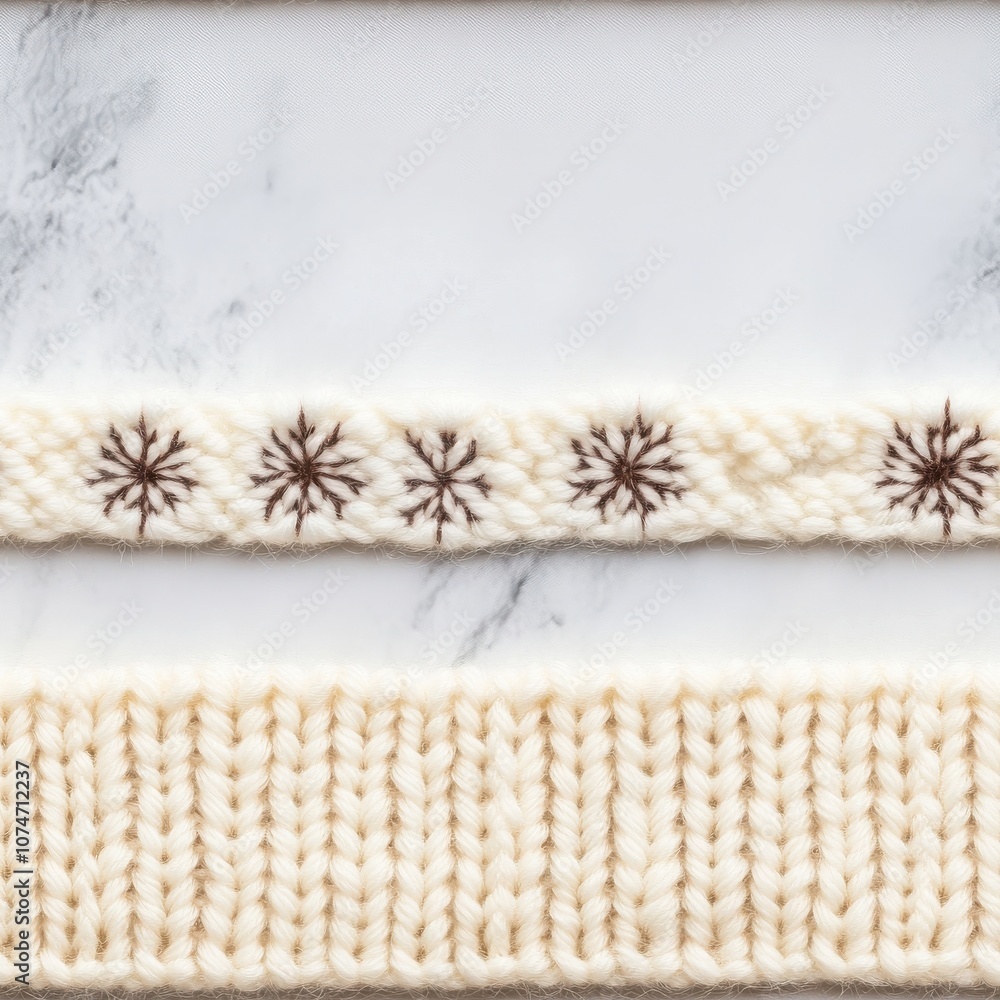 Fototapeta premium A textured cream-colored fabric with snowflake patterns and ribbed knit designs, showcasing knitting craftsmanship and winter motifs.