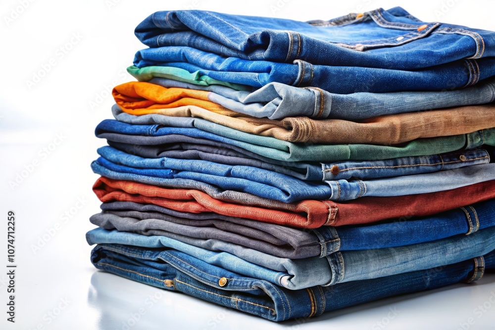 A Vibrant Collection of Neatly Stacked Jeans in Various Styles Against a Crisp White Background Perfect for Fashion and Lifestyle Photography A Vibrant Collection of Neatly Stacked Jeans in Various Styles Against a Crisp White Background Perfect for Fashion and Lifestyle Photography