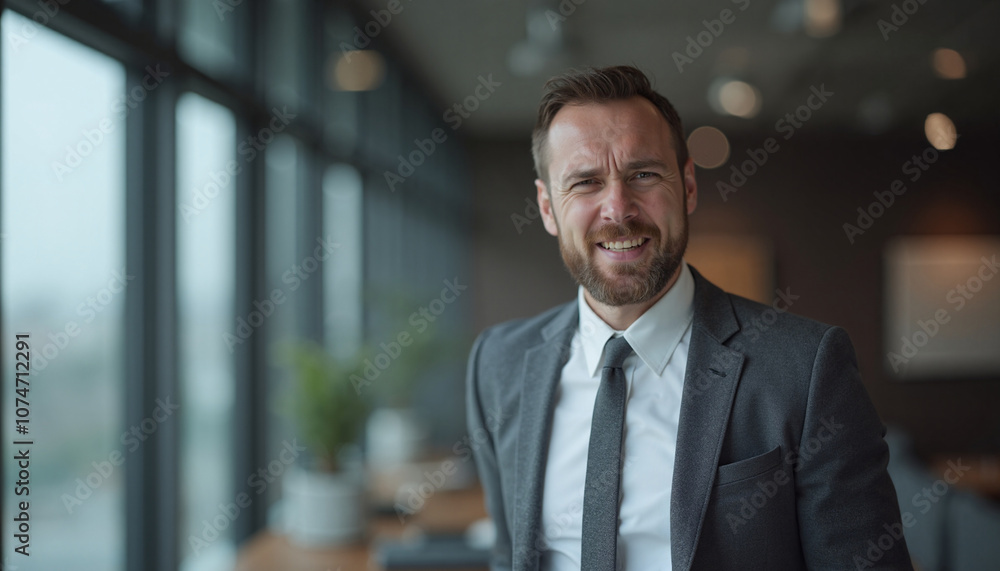 Businessman with confident smile working in modern office against window view Businessman with confident smile working in modern office against window view