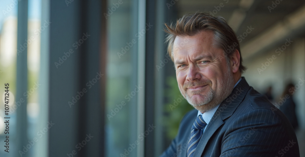 Confident Mature Businessman Smiling in Office Building Against Blurred Background Confident Mature Businessman Smiling in Office Building Against Blurred Background
