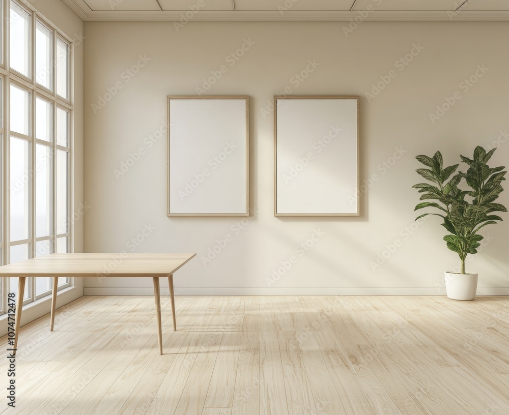 A room with a white wall and a table with a potted plant A room with a white wall and a table with a potted plant