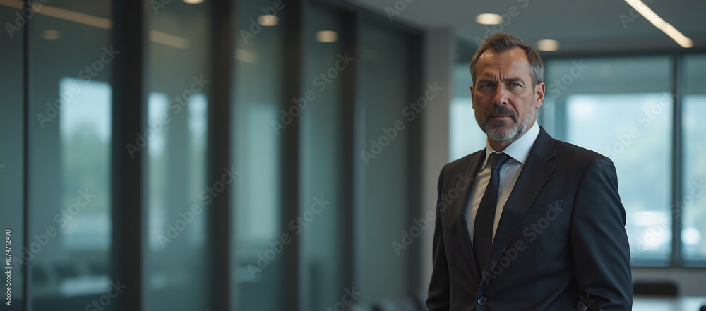 Mature businessman with serious expression standing in modern office hallway Mature businessman with serious expression standing in modern office hallway
