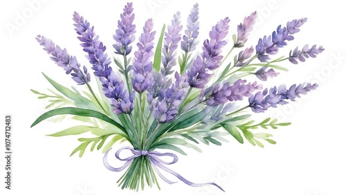 Watercolor illustration of a lavender bouquet with green foliage tied with a purple ribbon in a fresh and elegant composition