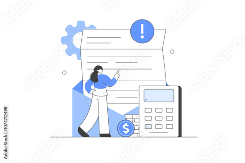 Receiving letter with overdue bill from collection agency. Account and calculator. Character having financial problems, debts and loans. Flat Cartoon Vector Illustration, icon. Stylish, Minimalist 