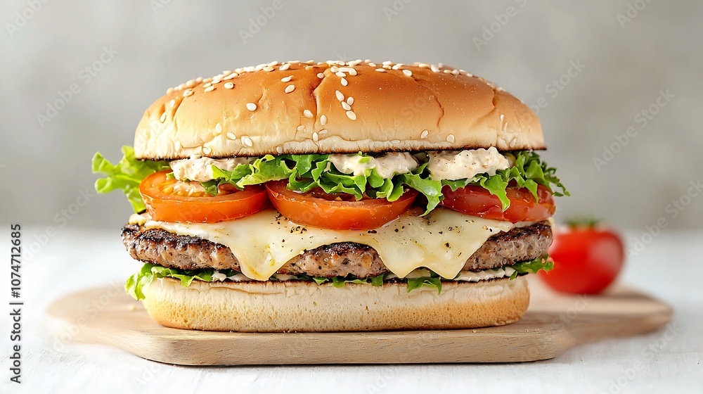 Delectable and Colorful Layered Burger with Melted Cheese Juicy Tomatoes and Crisp Lettuce Beautifully Presented on a Natural Wooden Board for a Tempting and Appetizing Culinary Delight Delectable and Colorful Layered Burger with Melted Cheese Juicy Tomatoes and Crisp Lettuce Beautifully Presented on a Natural Wooden Board for a Tempting and Appetizing Culinary Delight