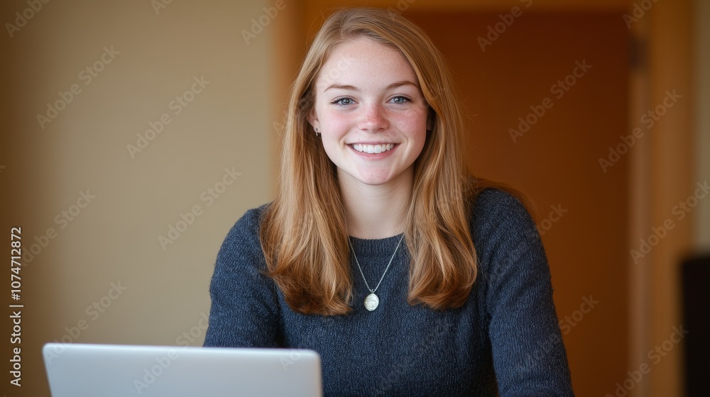 Young Woman with Long Hair Smiling at Camera While Working on Laptop in Bright Room, Representing Joyful Productivity and Modern Work Environment Young Woman with Long Hair Smiling at Camera While Working on Laptop in Bright Room, Representing Joyful Productivity and Modern Work Environment